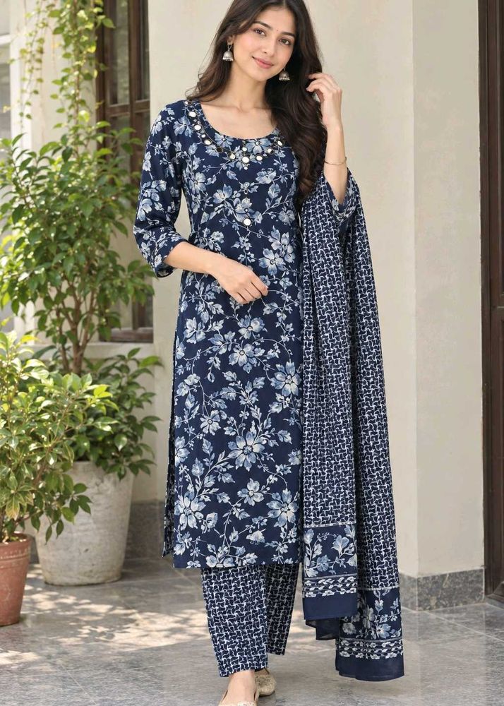 Navy Blue Floral Kurta Set with Dupatta