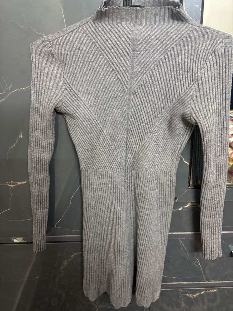 Gray Ribbed Knit Mini Dress