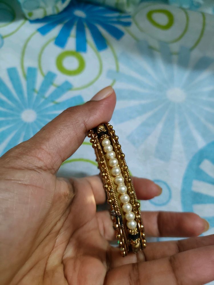 Bangle With Red And Faux Pearl Beads