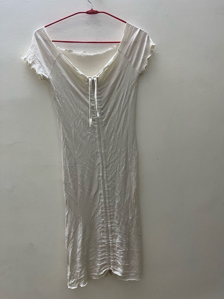 White Off-Shoulder Ruched Midi Dress