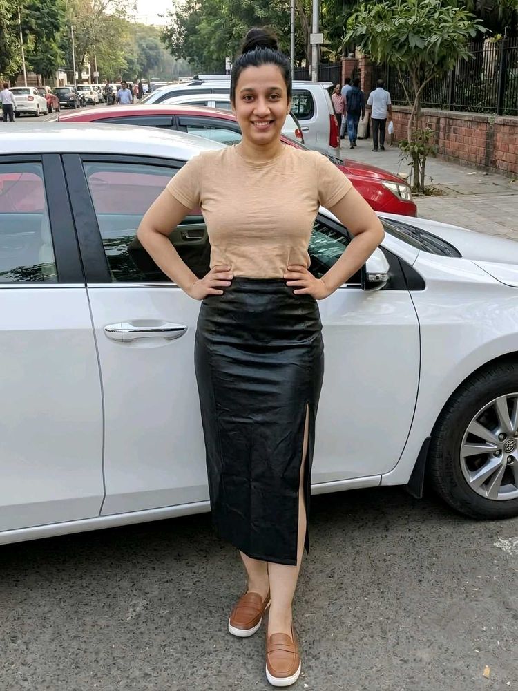 Zara Small Black Faux Leather Slit Long Skirt