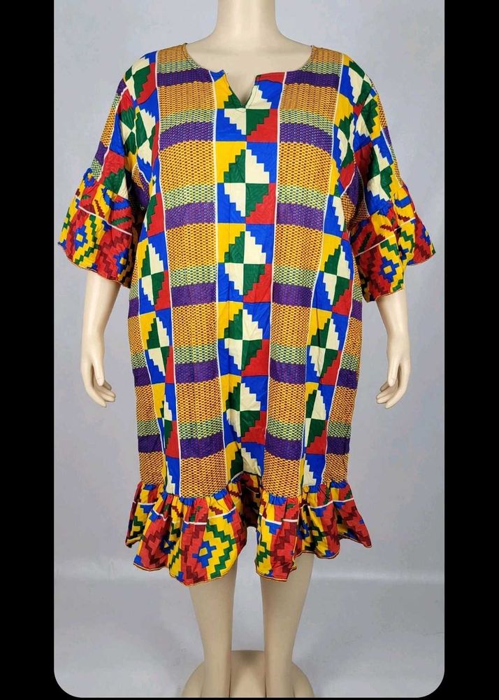 Vibrant Kente Print Dress with Ruffle Hem