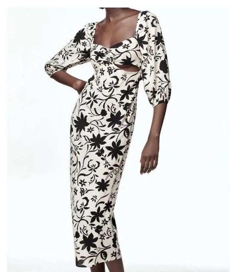 ZARA BACKLESS Floral Cut-Out Midi Dress