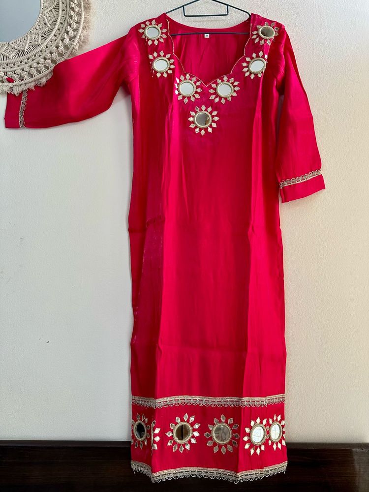 Fuschsia Pink Rich satin Mirror Work Suit pant set