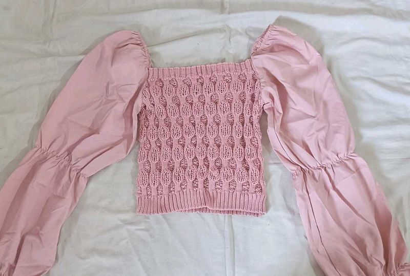 Pink Square Neck Balloon Sleeve Top