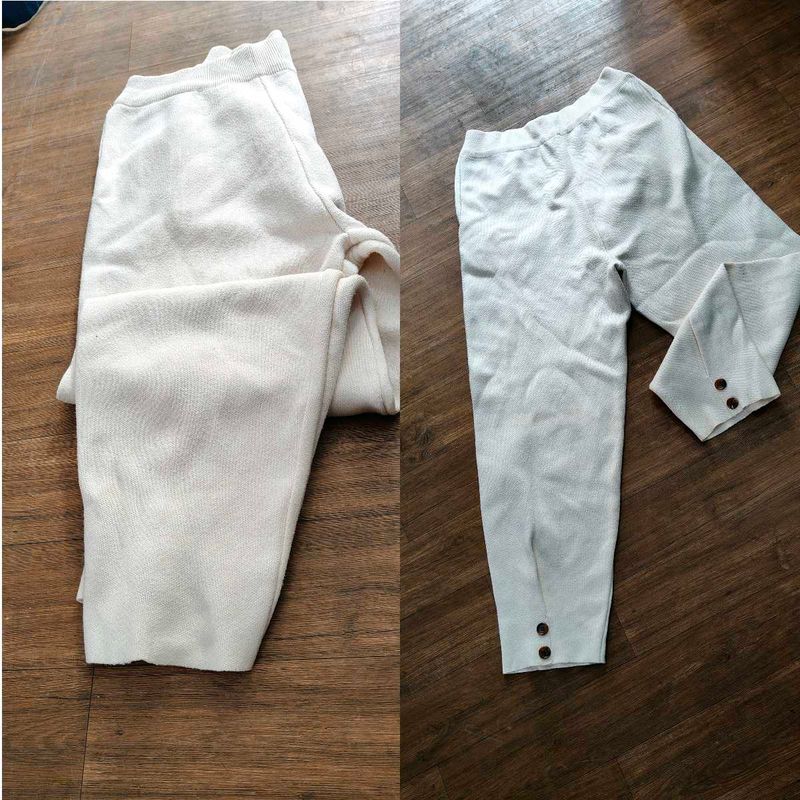 Cream Knit Pants with Button Detail