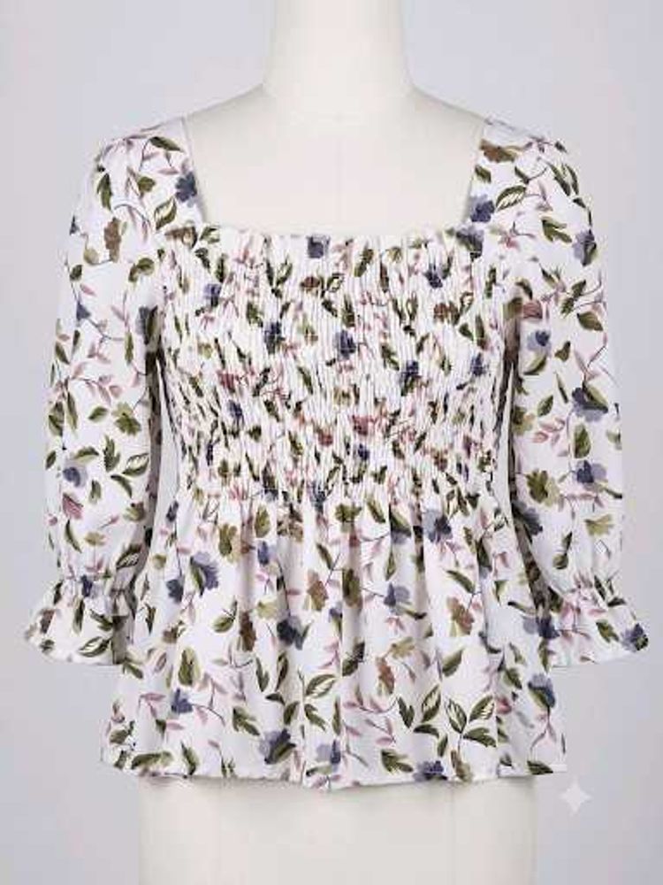 Chic Floral Smocked Square Neck Top