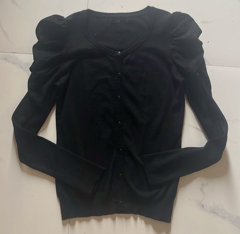 Chic Black Cardigan with Puffed Sleeves