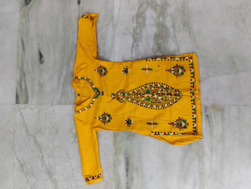 Vibrant Yellow Lucknow Chikan &amp; Kantha work Kurta