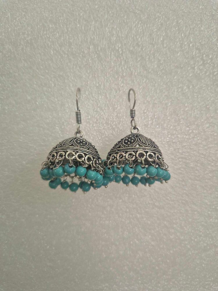 Silver Jhumka Earrings with Blue Beads - Unused