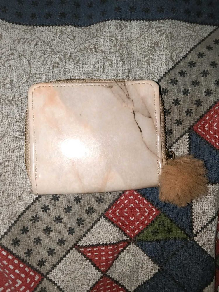 Marble Print Wallet with Fur Pom