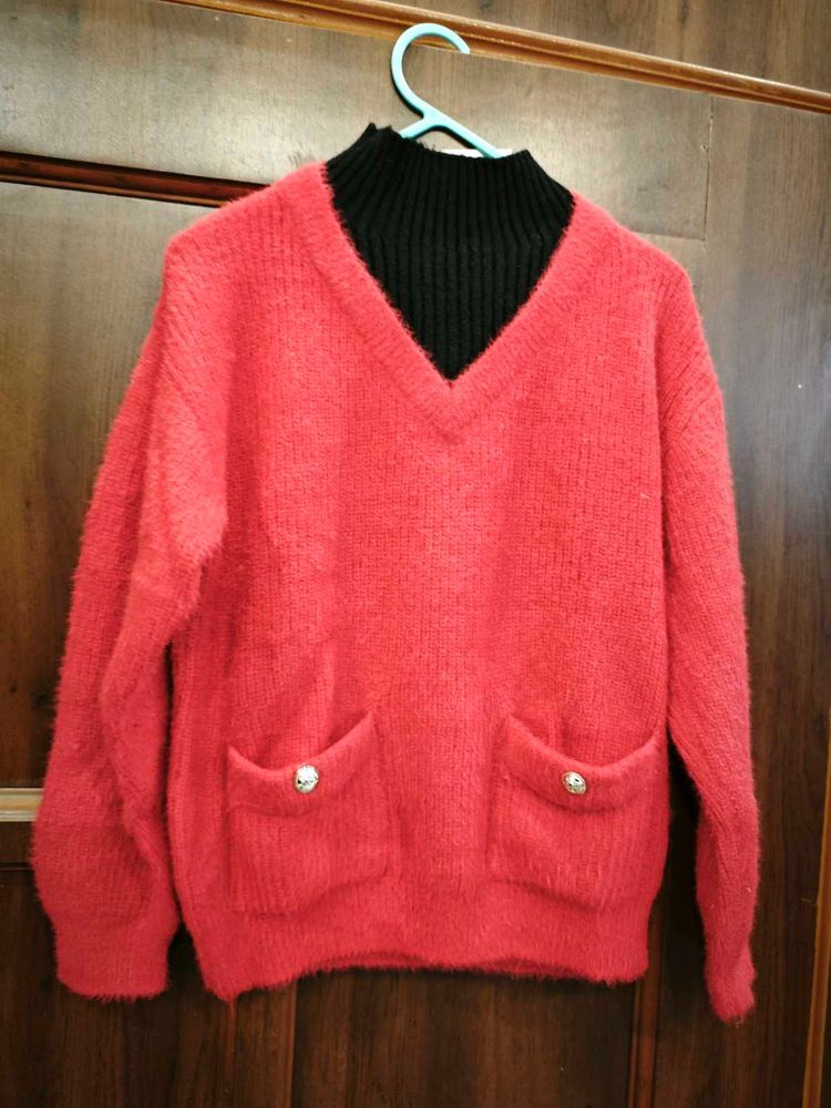 Cozy Red V-Neck Sweater with Pockets