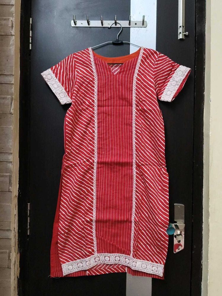 Red &amp; White Striped Cotton Kurta