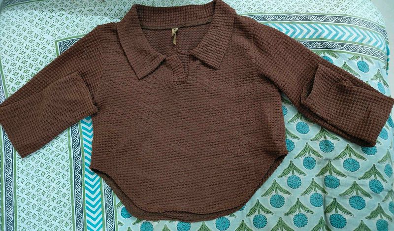 Brown Waffle Knit Collared Top