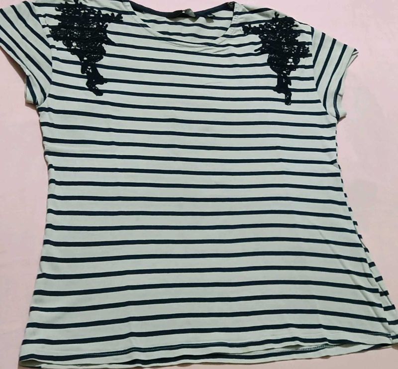 Striped T-Shirt with Lace Detail