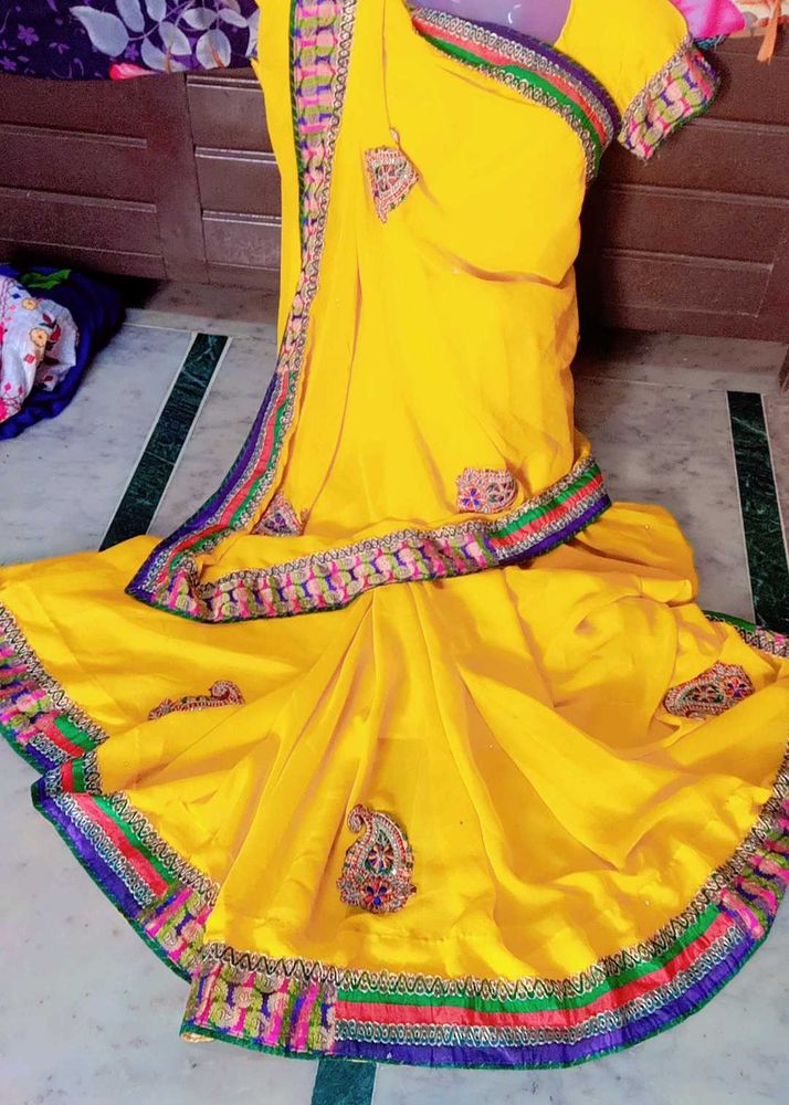 Yellow Sari with Colorful Border