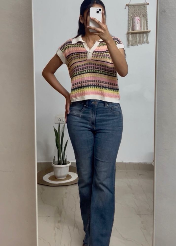 Vibrant Striped Knit Polo Top
