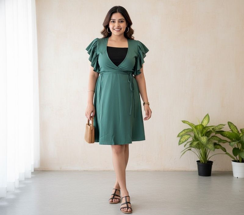 Women Ruffled Sleeve Wrap Dress