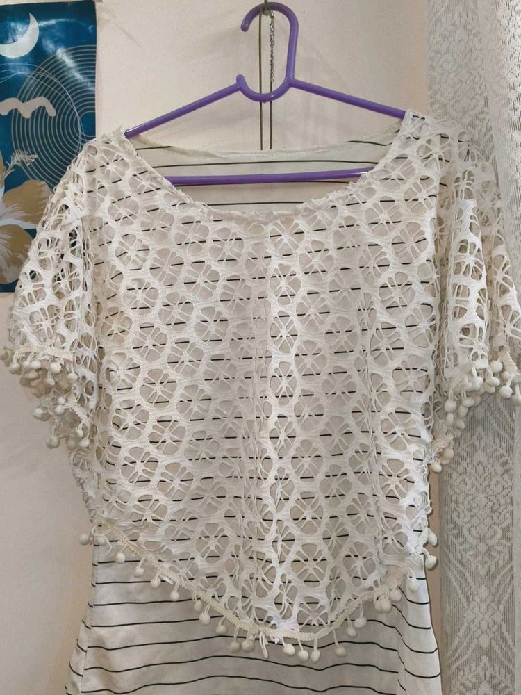 White Lace Poncho Top with Pom-Pom Trim