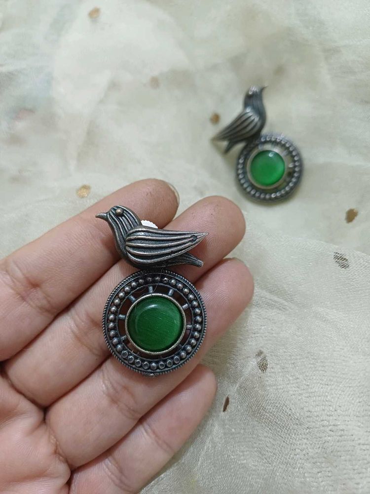 Bird Design Brass Silverlookalike Earrings