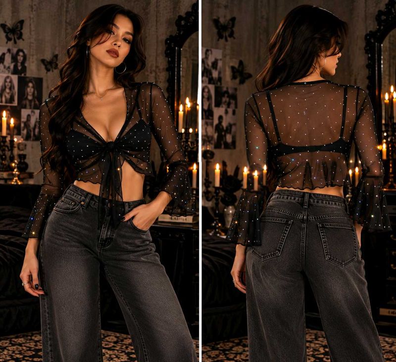 Sparkly Sheer Mesh Tie-Front Top