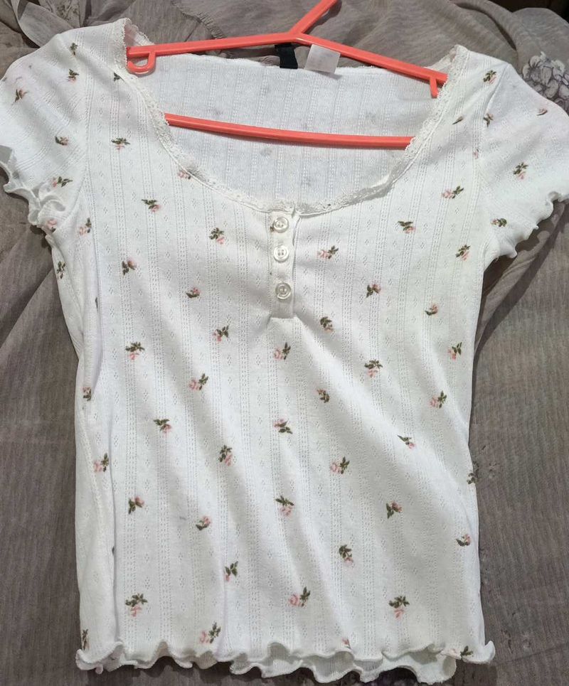 White Floral Print Henley Top