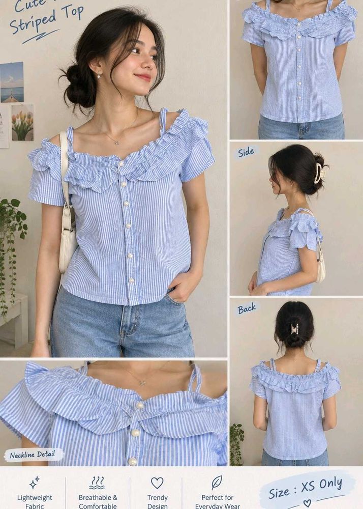 Cute Blue Striped Off-Shoulder Top