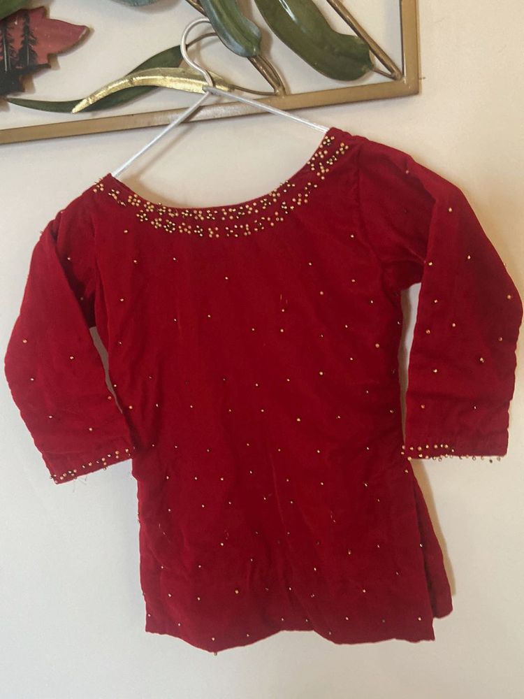 Red Velvet Kurti with Gold Bead Detail