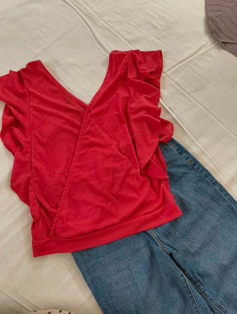 Ruffled Red V-Neck Top