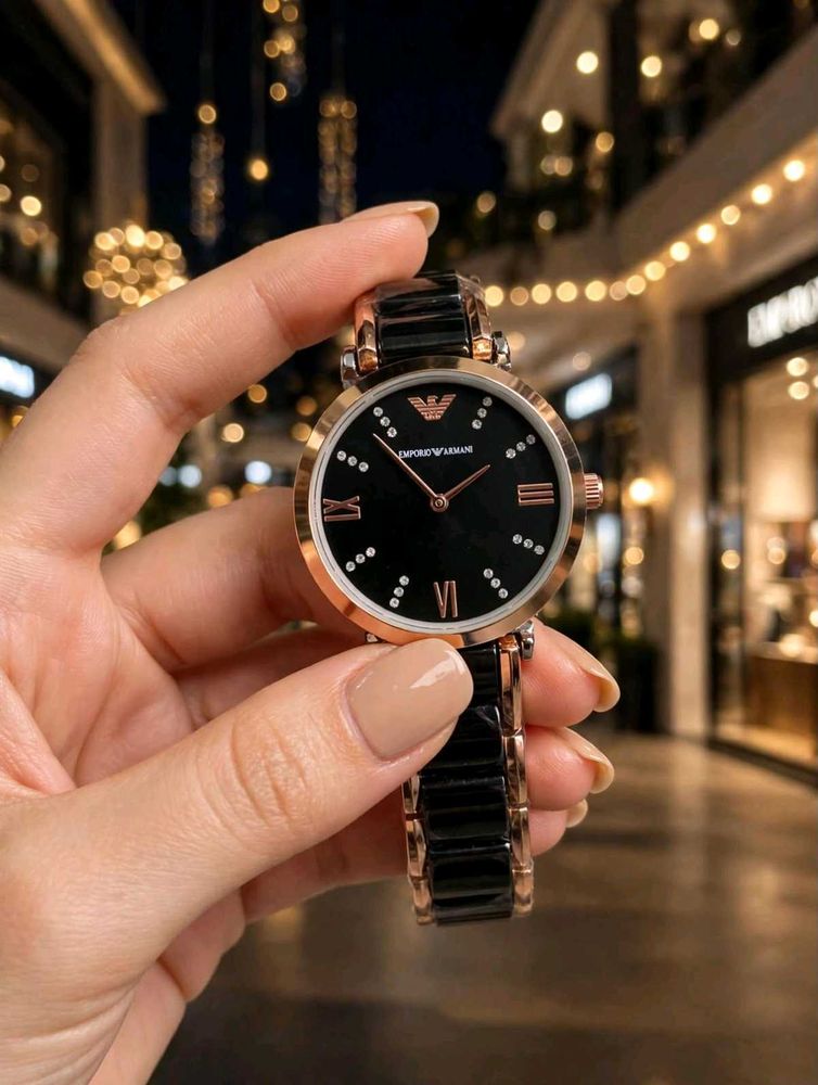 Emporio Armani Black &amp; Rose Gold Watch LADIES WATC