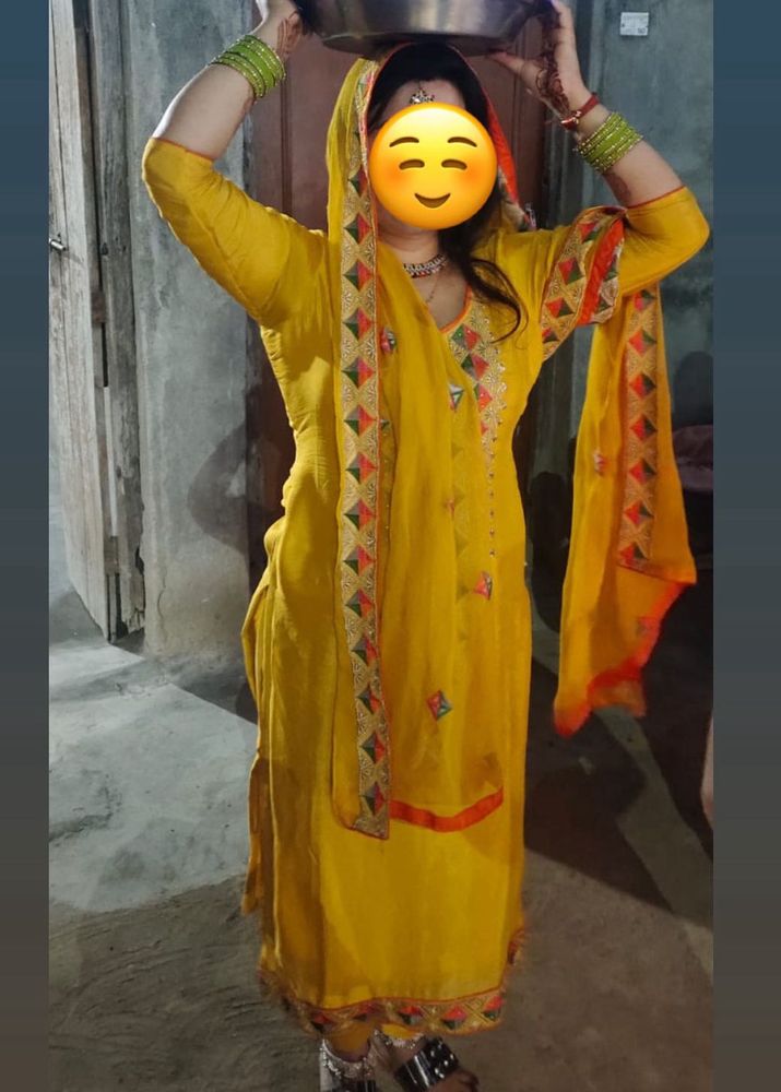 Embroidered Mustard Kurta With Pants