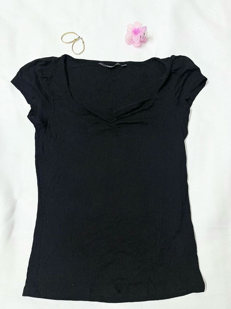 Black Ribbed Sweetheart Neck Top