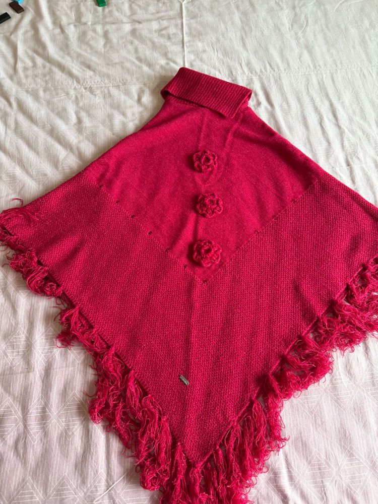 Chic Pink Knit Poncho with Flowers