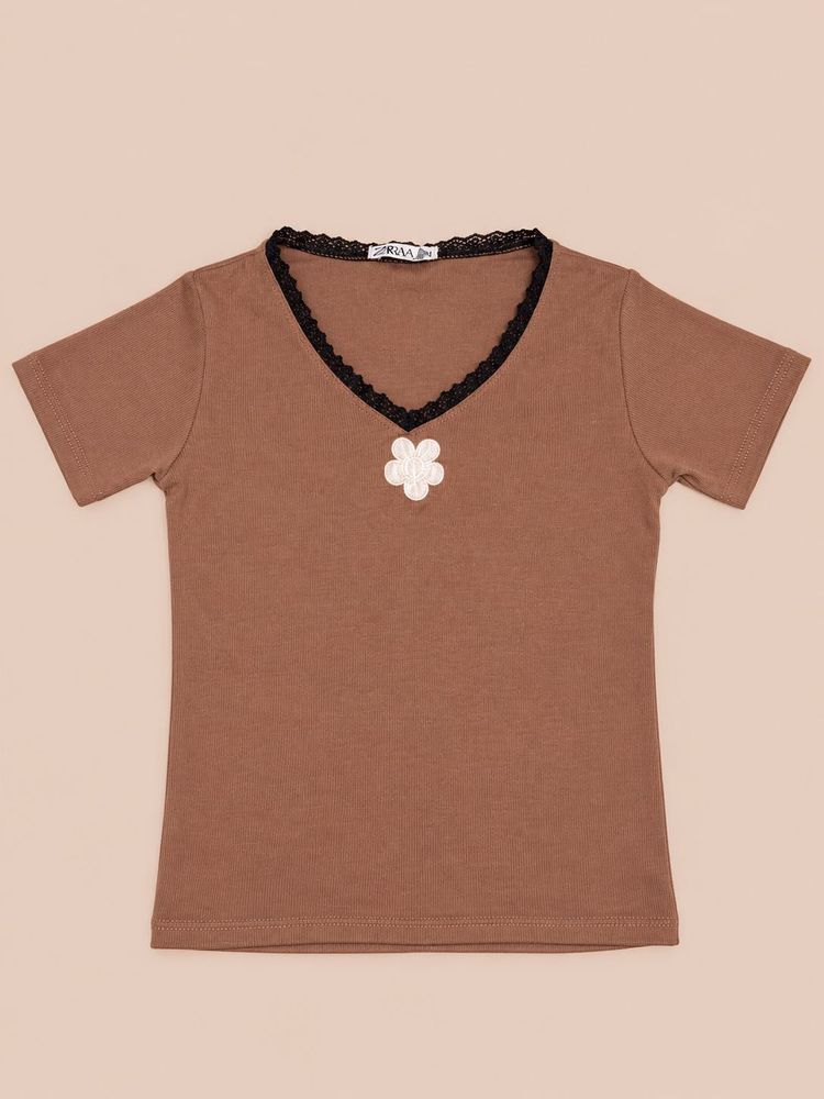 Brown V-Neck Lace Trim T-Shirt