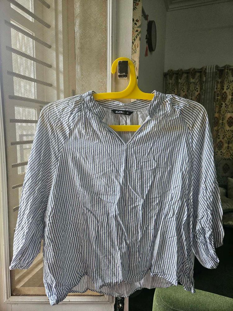 Women's Blue &amp; White Striped Cotton Blend