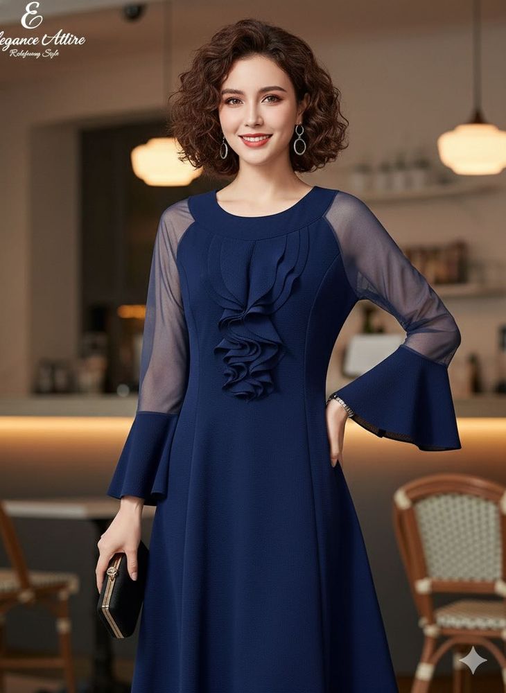 Elegant Navy Blue Sheer Sleeve Dress
