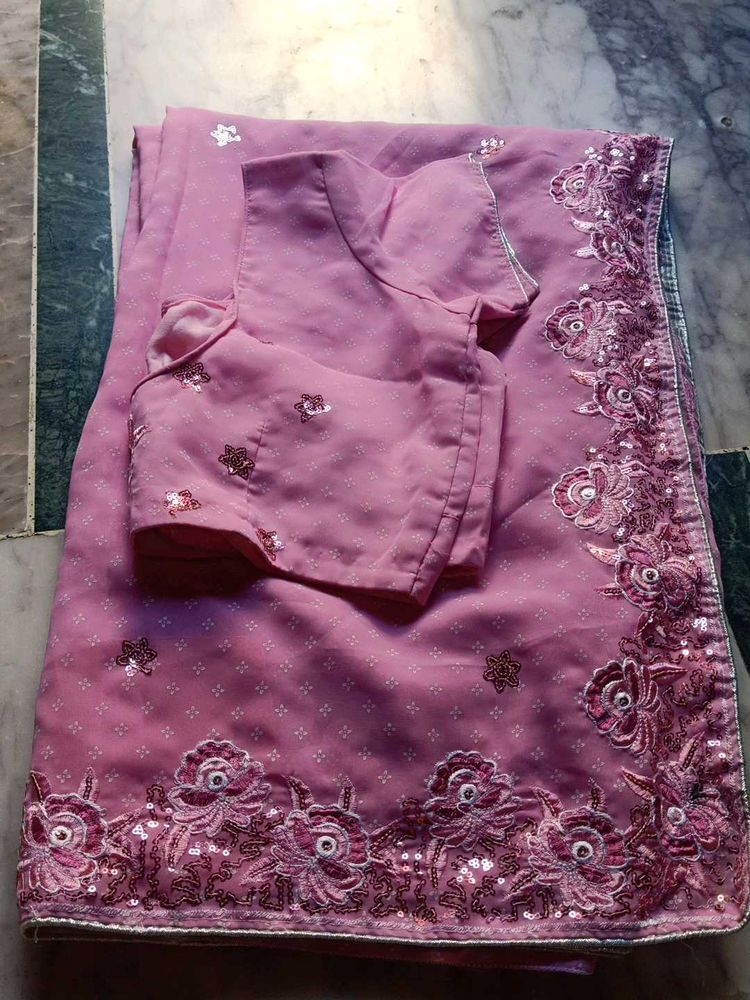 Beautiful Pink Sequinned Saree with Blouse