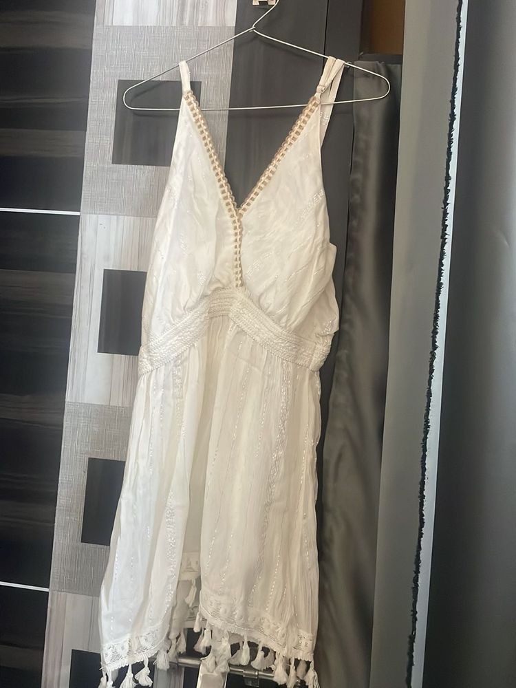 Boho White Tassel Mini Dress