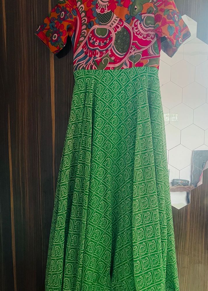 Vibrant Green with pink Printed Maxi Dress