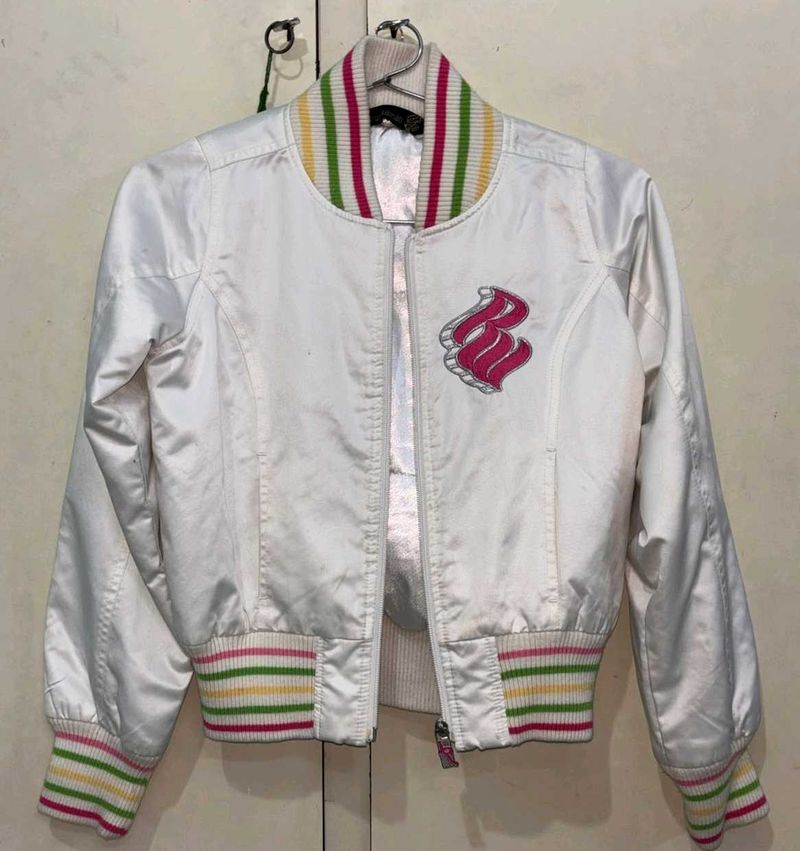 White Bomber Jacket with Pink Logo