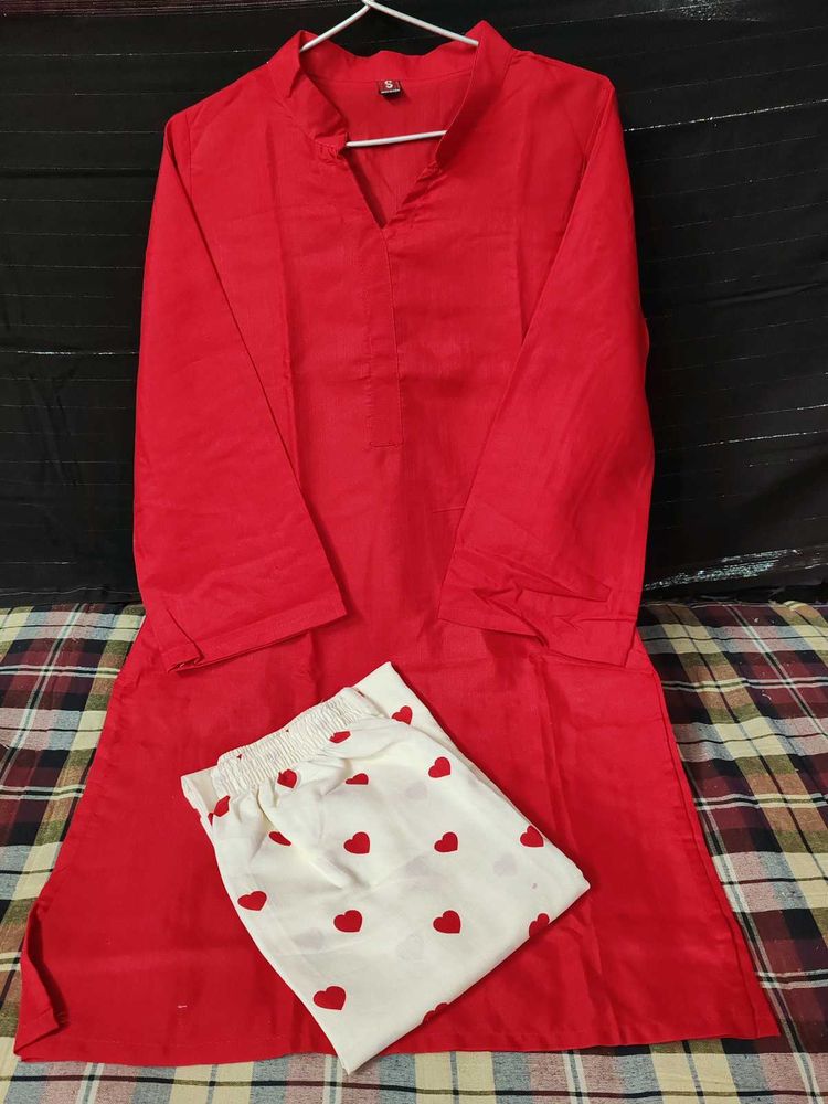 Red Kurta Set with Heart Print Pants