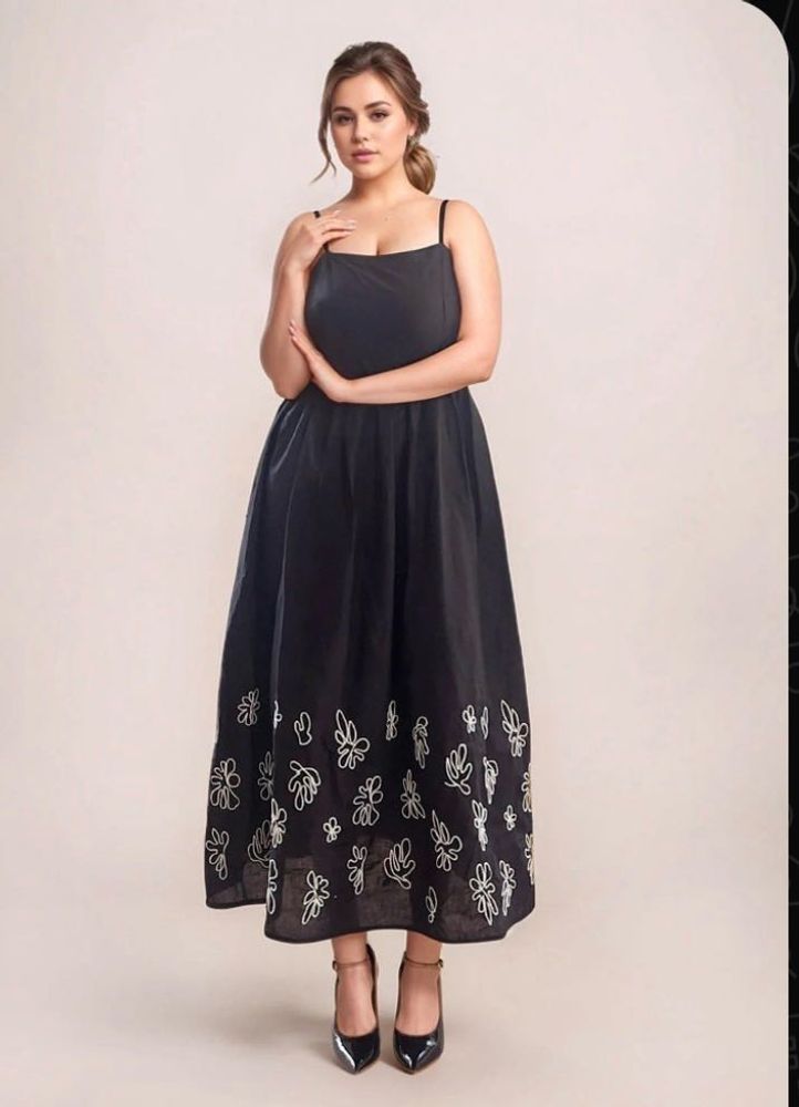 Chic Black Midi Dress with Floral Detail