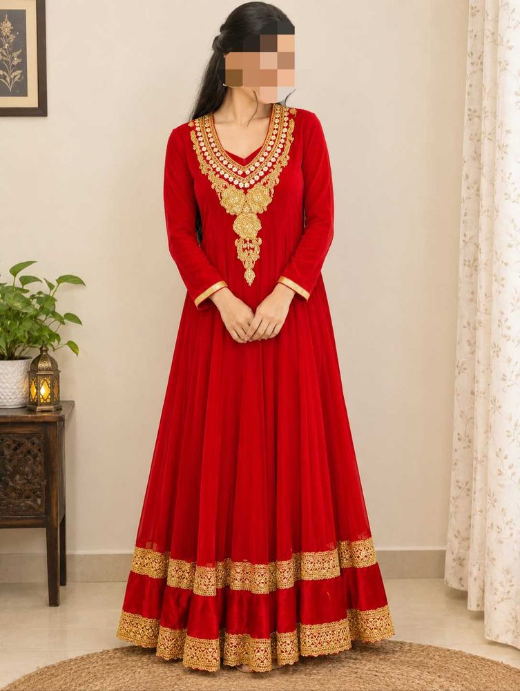 Red Anarkali Gown with Gold Embellishments