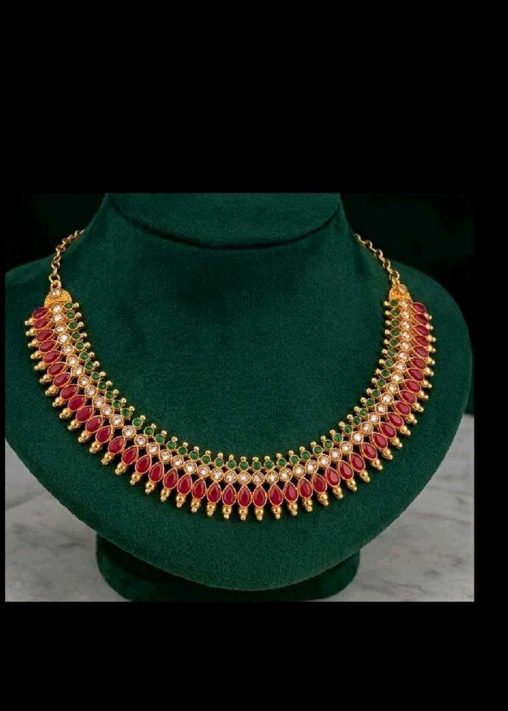 Elegant Gold Necklace with Red &amp; Green Stones