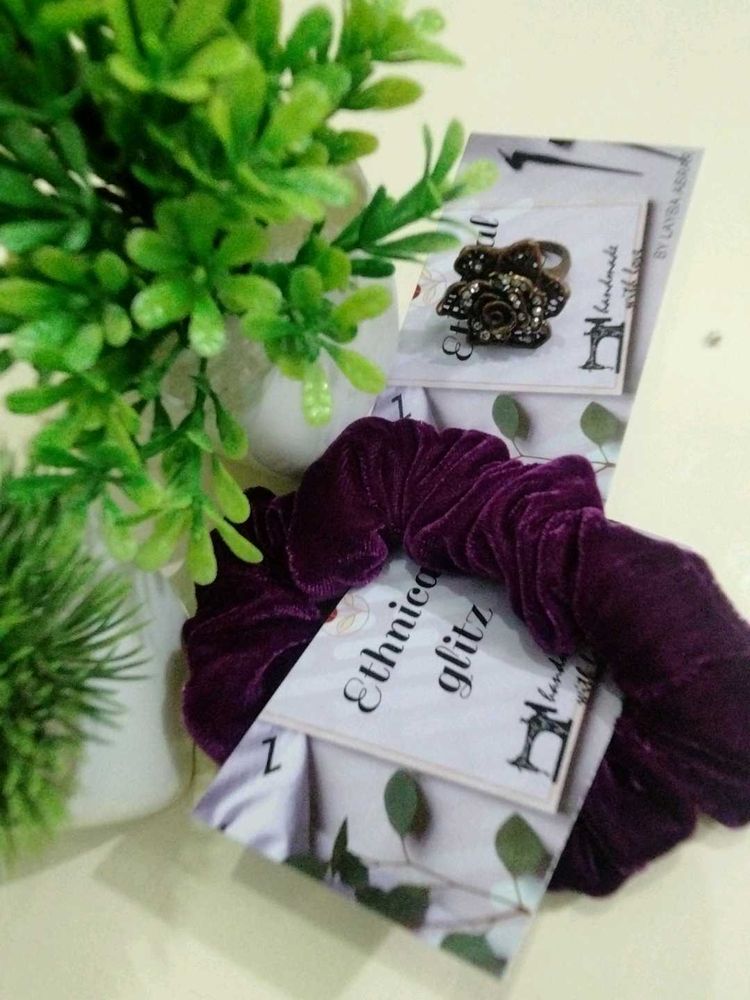 Velvet Scrunchie Hair Tie nd antique ring
