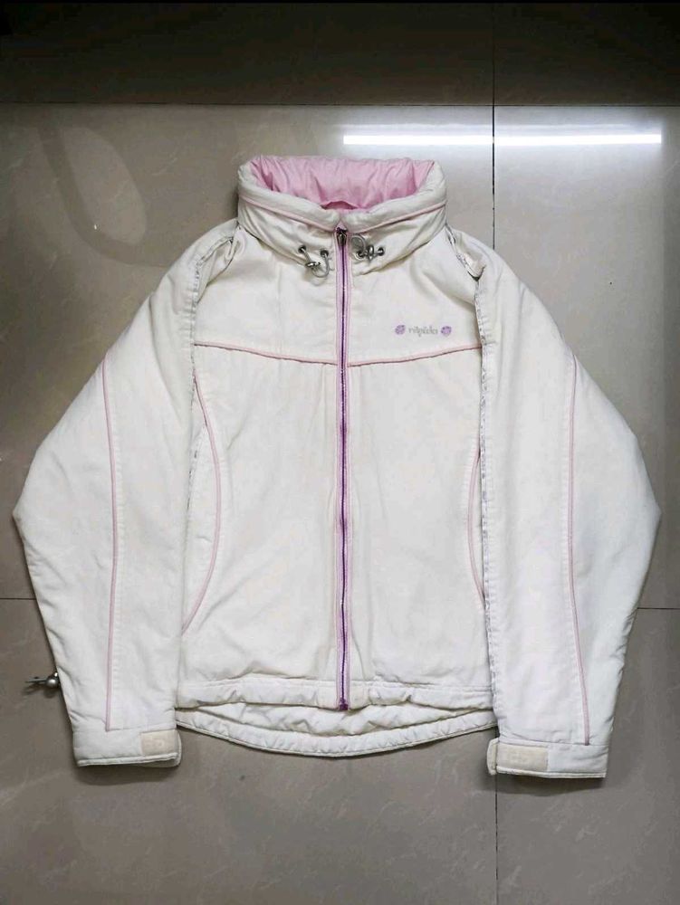 Cozy White Puffer Jacket with Pink Trim and hood