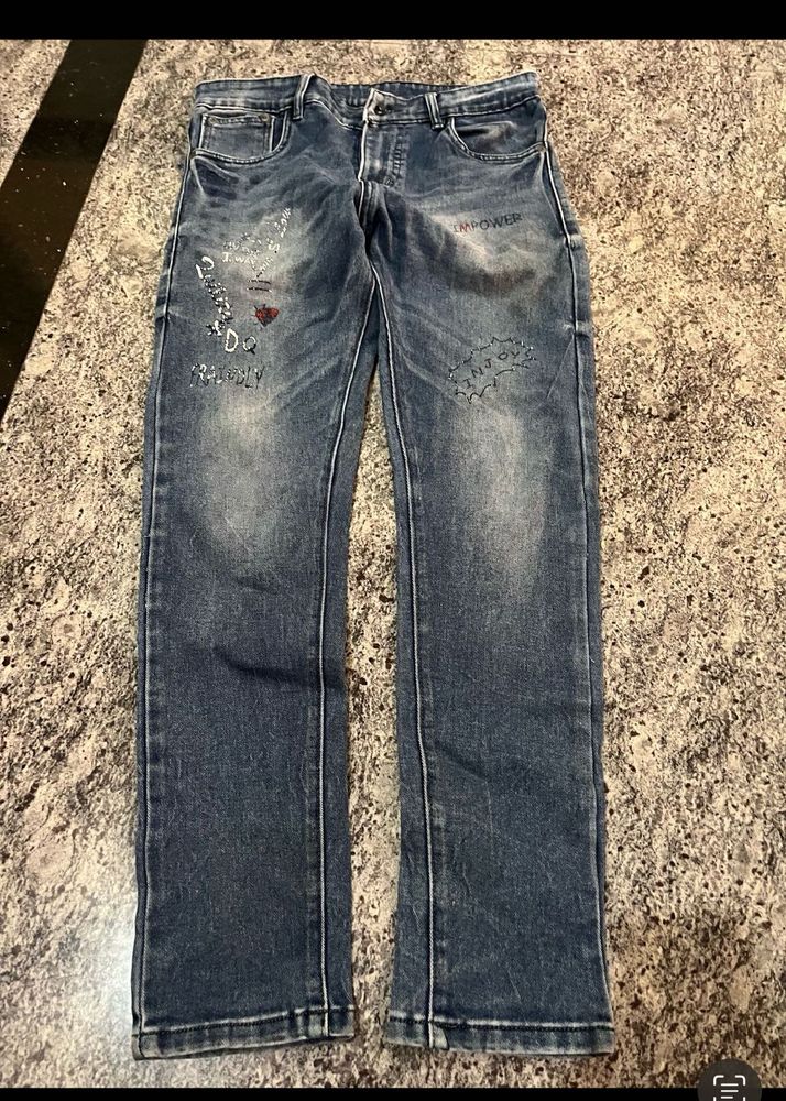 Stylish Embroidered Blue Denim Jeans
