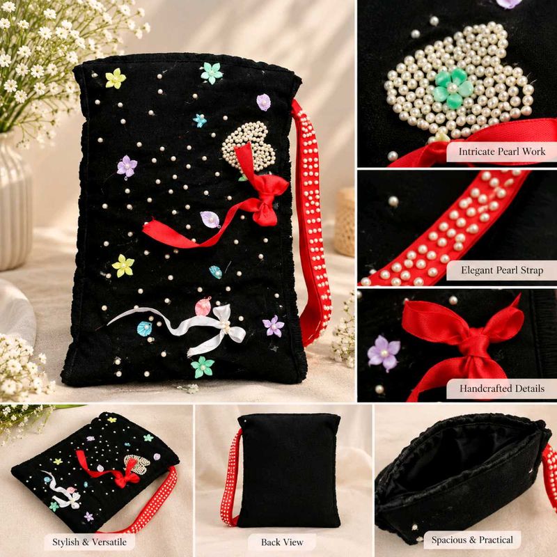 Elegant Black Pearl Embellished Clutch