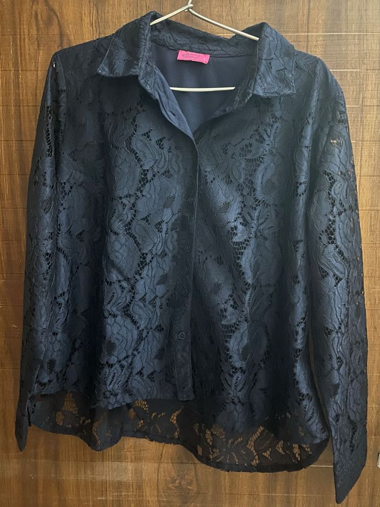 Elegant Navy Lace Button-Up Shirt