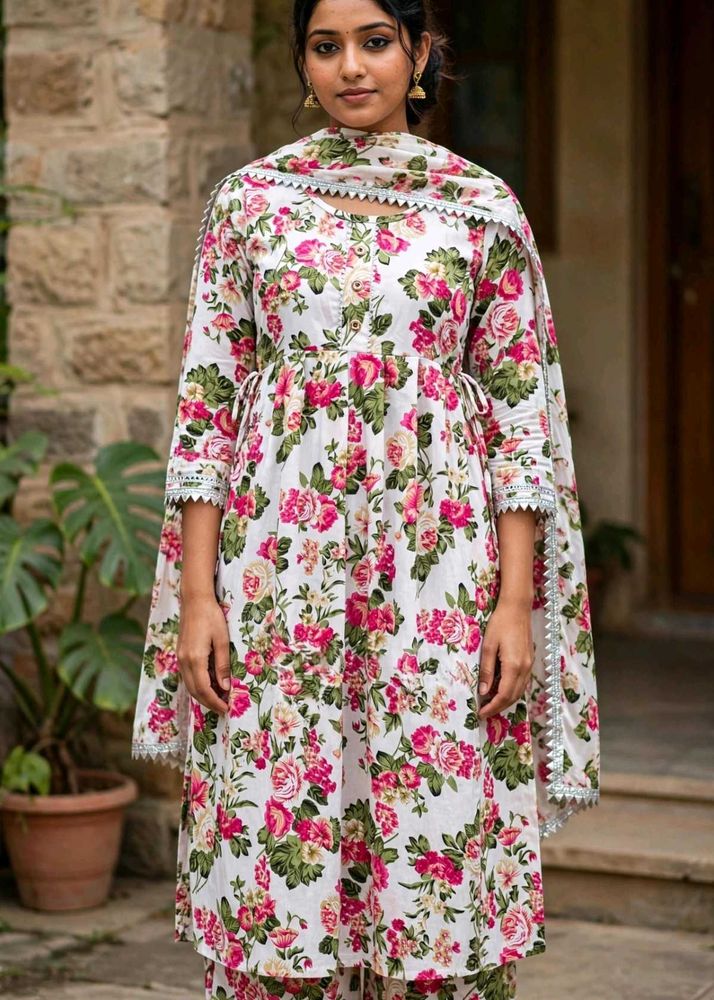 3 piece floral asthetic kurta set with duppata